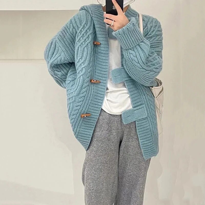 2023 m. Nauja rudens žiemos megztinė striukė Korėjos raguočiai su gobtuvu, megztas moteriškas laisvalaikio paltas, moteriškos viršūnės