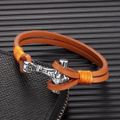 MKENDN Vintage Thor Mjolnir Hammer Двуслойна кожена гривна от неръждаема стомана Мъжки скандинавски викингски митологични бижута