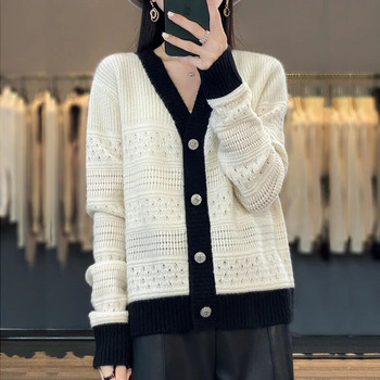 Нов моден пуловер от 2023 г., дамско корейско есенно кухо дълъг ръкав, съответстващ на цвета, ежедневна широка плетена жилетка, дамски топове