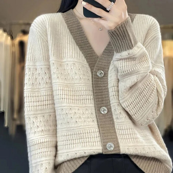 Νέο γυναικείο πουλόβερ μόδας 2023 Κορεάτικο φθινοπωρινό μακρυμάνικο κούφιο χρώμα που ταιριάζει casual loose πλεκτό ζακέτα για γυναίκες