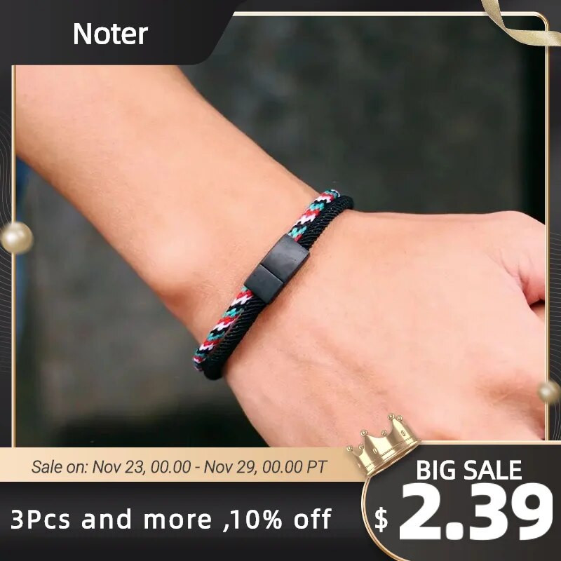 2023. gada modes vīriešu rokassprādze, melna nerūsējošā tērauda noņemama magnēta sprādze Bohēmijas divkrāsu virves rokassprādze, jūras rokassprādze