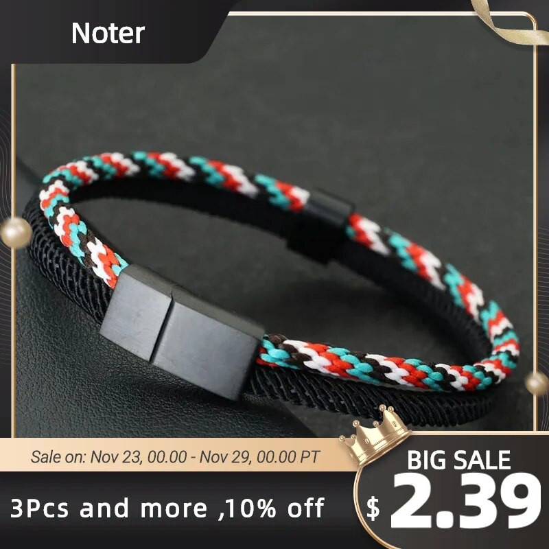 2023. gada modes vīriešu rokassprādze, melna nerūsējošā tērauda noņemama magnēta sprādze Bohēmijas divkrāsu virves rokassprādze, jūras rokassprādze