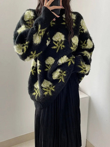 Γυναικείο πουλόβερ Φθινόπωρο/Χειμώνα 2023 Νέο πλεκτό με λαιμόκοψη Κορεατικής μόδας μακρυμάνικα πουλόβερ ΧΑΛΑ φλοράλ γυναικεία ρούχα