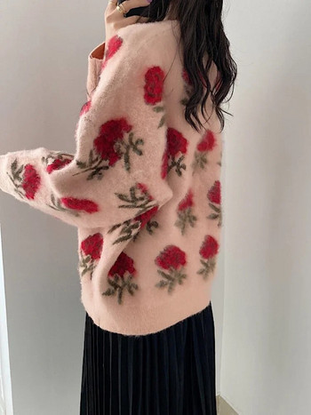 Γυναικείο πουλόβερ Φθινόπωρο/Χειμώνα 2023 Νέο πλεκτό με λαιμόκοψη Κορεατικής μόδας μακρυμάνικα πουλόβερ ΧΑΛΑ φλοράλ γυναικεία ρούχα