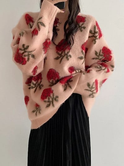 Moteriški megztiniai, 2023 m. rudens/žiemos Nauji megzti korėjietiški megztiniai su iškirpte, ilgomis rankovėmis, palaidi gėlėti moteriški drabužiai