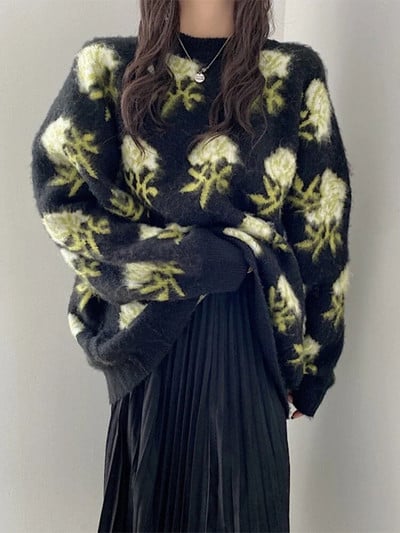 Moteriški megztiniai, 2023 m. rudens/žiemos Nauji megzti korėjietiški megztiniai su iškirpte, ilgomis rankovėmis, palaidi gėlėti moteriški drabužiai