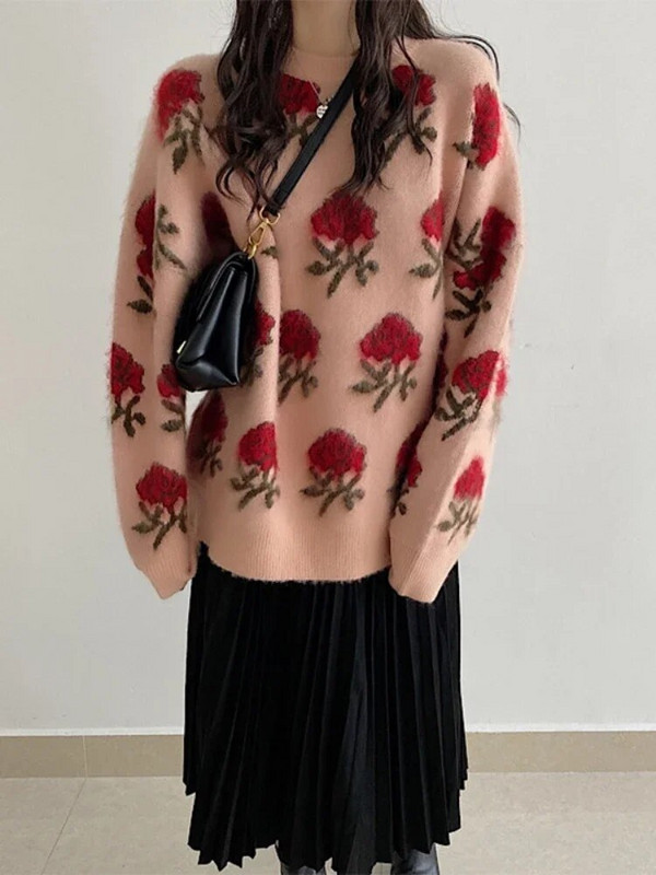 Moteriški megztiniai, 2023 m. rudens/žiemos Nauji megzti korėjietiški megztiniai su iškirpte, ilgomis rankovėmis, palaidi gėlėti moteriški drabužiai