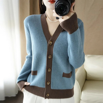 Есенен пуловер за плетене Жилетка Дамски нов 2023 Едногърди пуловер с V-образно деколте с дълъг ръкав Дамски топъл свободен дамски пуловер