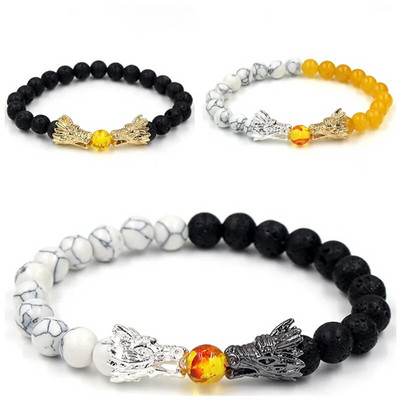 Narukvica od prirodnih perli od kamena crne lave i bijelog howlita Pulseira Masculina muški nakit Narukvica od perli Buddha Dragon za žene