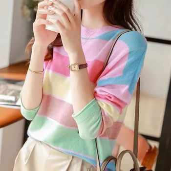 Rainbow ριγέ, στρογγυλή λαιμόκοψη, λεπτή γλυκιά κορεατική πλεκτά γυναικεία μπλούζες με μακρυμάνικο πουλόβερ, ανοιξιάτικα φθινοπωρινά κομψά πλεκτά πουλόβερ