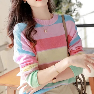 Varavīksnes svītrains, apaļš kakla plāns, salds korejiešu trikotāžas apģērbs sievietēm ikdienišķs, džemperi ar garām piedurknēm, pavasara rudens šiki trikotāžas džemperi