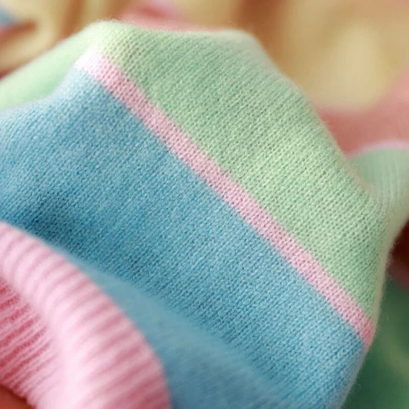 Varavīksnes svītrains, apaļš kakla plāns, salds korejiešu trikotāžas apģērbs sievietēm ikdienišķs, džemperi ar garām piedurknēm, pavasara rudens šiki trikotāžas džemperi