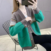 2023. gada jaunais pavasaris, rudens korejiešu džemperis, jaciņa, sieviešu jaka ar brīvu V veida kakla izgriezumu, ikdienas eleganti trikotāžas džemperu sieviešu topi