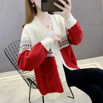 2023 Нов пролетен есенен корейски снаждащ се пуловер Жилетка Яке Дамско свободно V-образно деколте Ежедневен елегантен плетен пуловер Дамски топове