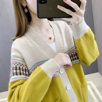 2023 Νέο φθινόπωρο Κορεάτικο πουλόβερ με μάτισμα ζακέτα Γυναικείο φαρδύ με λαιμόκοψη, κομψά πλεκτά γυναικεία μπλουζάκια
