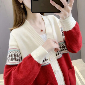 2023 Нов пролетен есенен корейски снаждащ се пуловер Жилетка Яке Дамско свободно V-образно деколте Ежедневен елегантен плетен пуловер Дамски топове