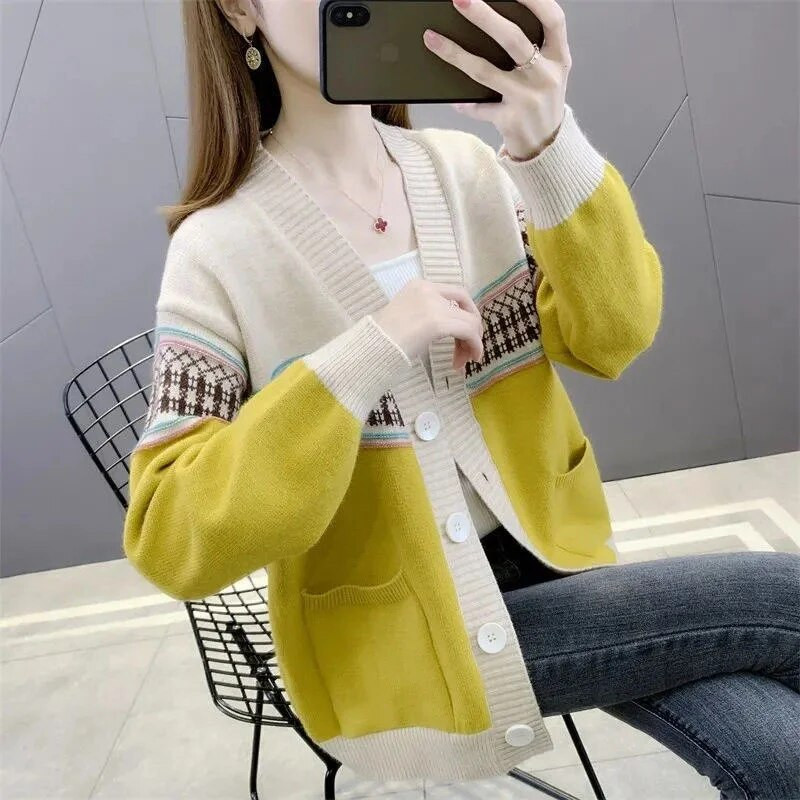 2023. gada jaunais pavasaris, rudens korejiešu džemperis, jaciņa, sieviešu jaka ar brīvu V veida kakla izgriezumu, ikdienas eleganti trikotāžas džemperu sieviešu topi