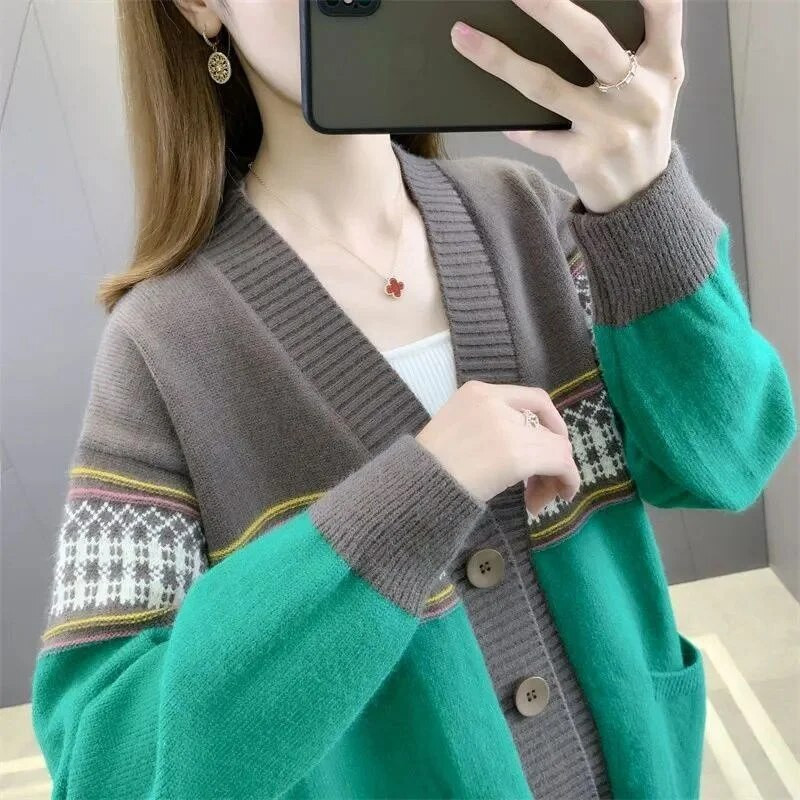 2023. gada jaunais pavasaris, rudens korejiešu džemperis, jaciņa, sieviešu jaka ar brīvu V veida kakla izgriezumu, ikdienas eleganti trikotāžas džemperu sieviešu topi