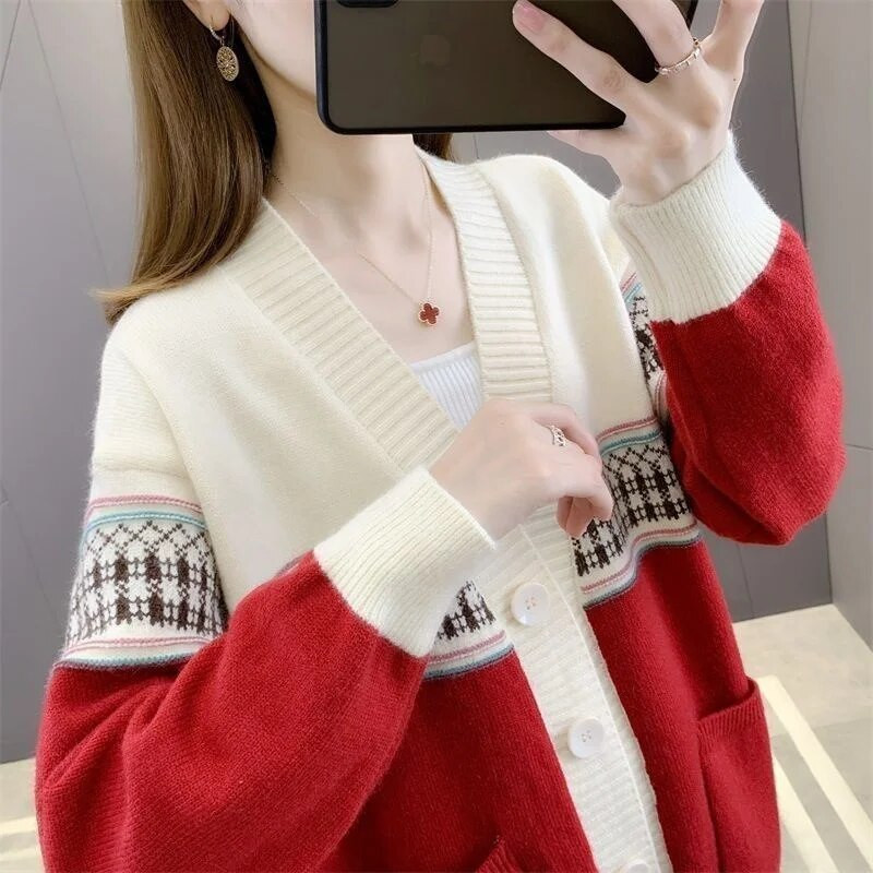 2023. gada jaunais pavasaris, rudens korejiešu džemperis, jaciņa, sieviešu jaka ar brīvu V veida kakla izgriezumu, ikdienas eleganti trikotāžas džemperu sieviešu topi