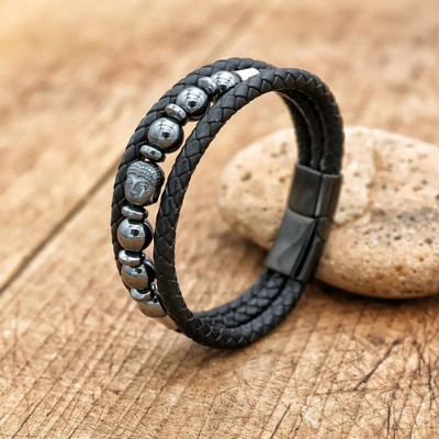 Paziņojums Ādas Rokassprādzes Vīriešu Nerūsējošā tērauda Daudzslāņu Pītas Pērles Rokassprādzes Aproces Vīriešu Rokassprādzes Panka Rotaslietas