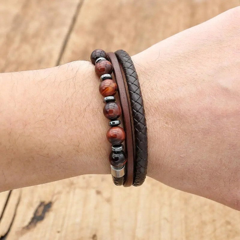 Paziņojums Ādas Rokassprādzes Vīriešu Nerūsējošā tērauda Daudzslāņu Pītas Pērles Rokassprādzes Aproces Vīriešu Rokassprādzes Panka Rotaslietas