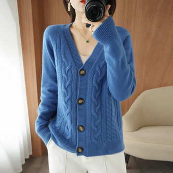 Нов есенен моден дамски плетен пуловер Жилетка с дълъг ръкав Мек тънък пуловер Горно облекло Femlae V деколте Плътен ежедневен плетен пуловер