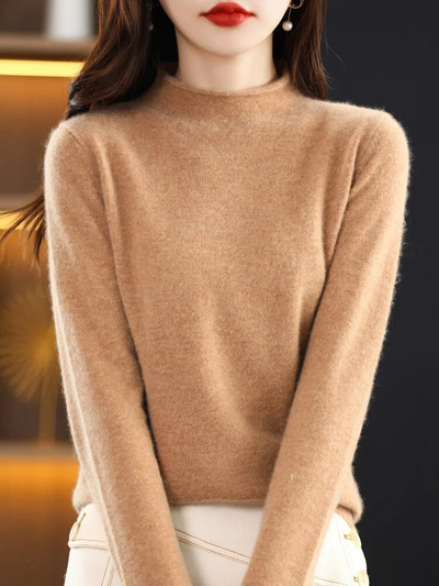 Novi osnovni ženski džemper jesen-zima 100% merino vuna lažni izrez dugih rukava jednobojno dno pletenina od kašmira gornja ženska odjeća