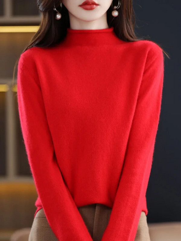 Új Basic női őszi téli pulóver 100% merinó gyapjú mintás nyakú hosszú ujjú tömör aljú kasmír kötöttáru női ruházat felső