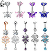 1gb Cute Butterfly Flower Dangle Belly Button Gredzeni Nabas pīrsings 316L Ķirurģiskā tērauda ķermeņa rotaslietas vēdera pīrsings Oreja Ombligo