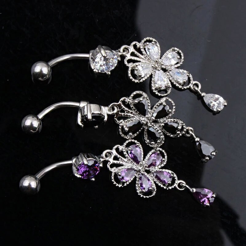 1gb Cute Butterfly Flower Dangle Belly Button Gredzeni Nabas pīrsings 316L Ķirurģiskā tērauda ķermeņa rotaslietas vēdera pīrsings Oreja Ombligo