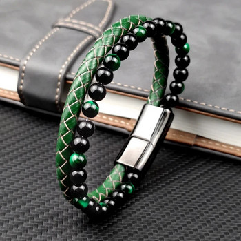 MingAo Fashion Green Stone Beads Мъжка Гривна Многослойна Кожена Гривна Пънк Бижута Неръждаема Стомана Магнитна Закопчалка Гривни