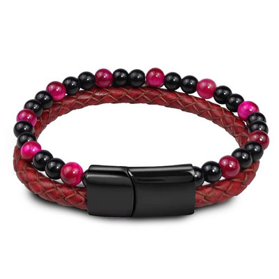 MingAo Fashion Πράσινες πέτρινες χάντρες Ανδρικό βραχιόλι Πολυστρωματικό δερμάτινο βραχιόλι πανκ Κοσμήματα από ανοξείδωτο ατσάλι Μαγνητικό κούμπωμα βραχιόλια