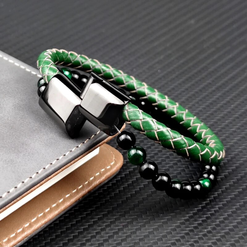 MingAo Fashion Πράσινες πέτρινες χάντρες Ανδρικό βραχιόλι Πολυστρωματικό δερμάτινο βραχιόλι πανκ Κοσμήματα από ανοξείδωτο ατσάλι Μαγνητικό κούμπωμα βραχιόλια