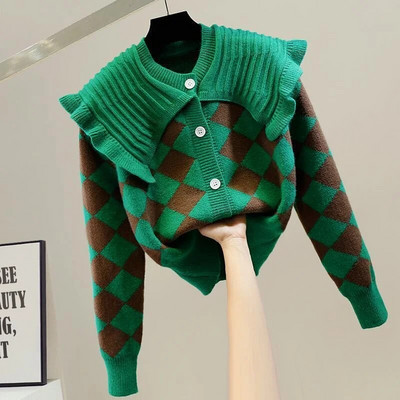 Sieviešu džemperis 2023, rudens ziema, jauna lelles apkakle, kontrasta krāsa, raibs tīkls, trikotāžas jaciņa, sieviešu trikotāža