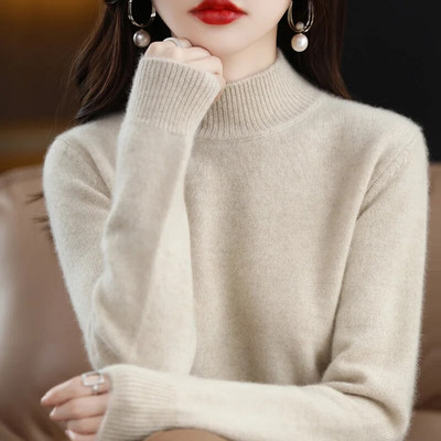 Rudens ziemas sieviešu džemperis ar pusi augstu apkakli ar garām piedurknēm, silti, pamata trikotāžas džemperi, brīvi, brīvi trikotāžas apģērbi, ikdienas korejiešu džemperi