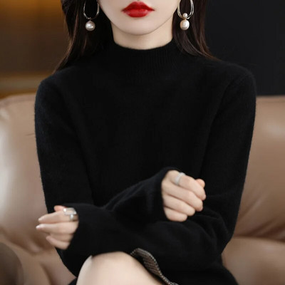 Rudens ziemas sieviešu džemperis ar pusi augstu apkakli ar garām piedurknēm, silti, pamata trikotāžas džemperi, brīvi, brīvi trikotāžas apģērbi, ikdienas korejiešu džemperi