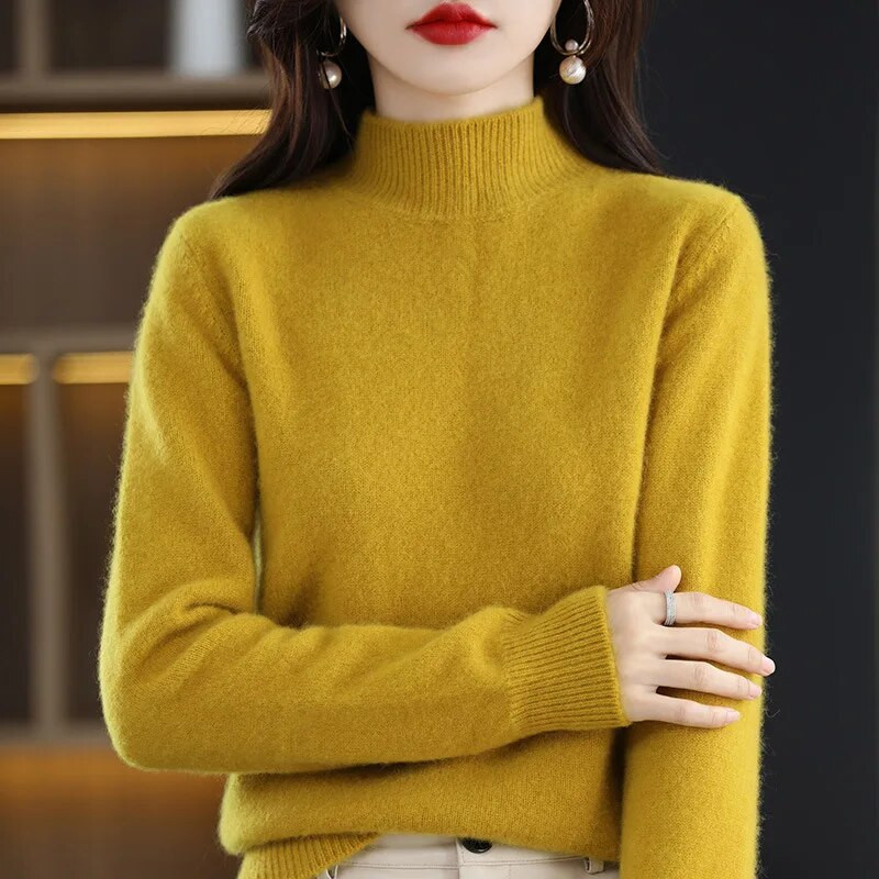 Rudens ziemas sieviešu džemperis ar pusi augstu apkakli ar garām piedurknēm, silti, pamata trikotāžas džemperi, brīvi, brīvi trikotāžas apģērbi, ikdienas korejiešu džemperi