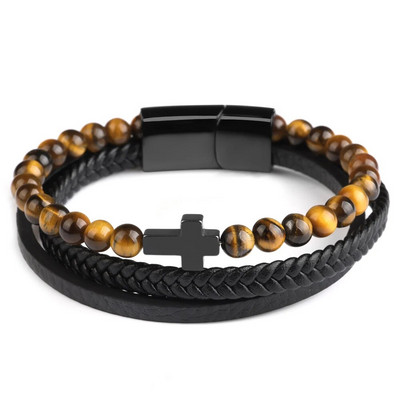 Dabīgā akmens krelles krusteniskas rokassprādzes uz rokām īstas ādas pītas nerūsējošā tērauda magnētiskas aizdares rokassprādzes vīriešiem rotaslietas dāvana