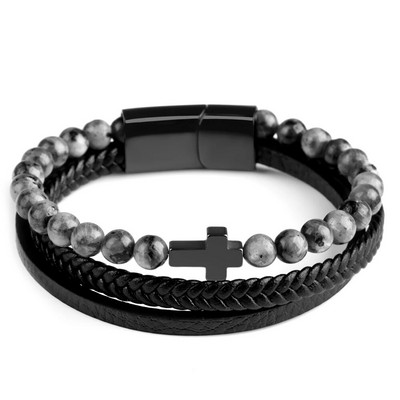 Dabīgā akmens krelles krusteniskas rokassprādzes uz rokām īstas ādas pītas nerūsējošā tērauda magnētiskas aizdares rokassprādzes vīriešiem rotaslietas dāvana