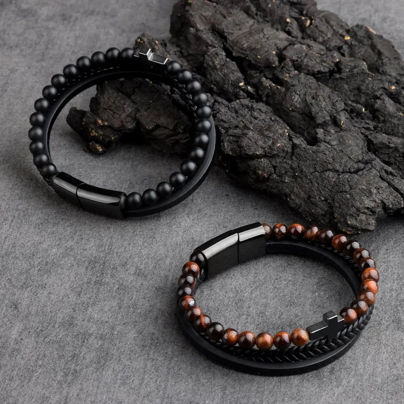 Dabīgā akmens krelles krusteniskas rokassprādzes uz rokām īstas ādas pītas nerūsējošā tērauda magnētiskas aizdares rokassprādzes vīriešiem rotaslietas dāvana