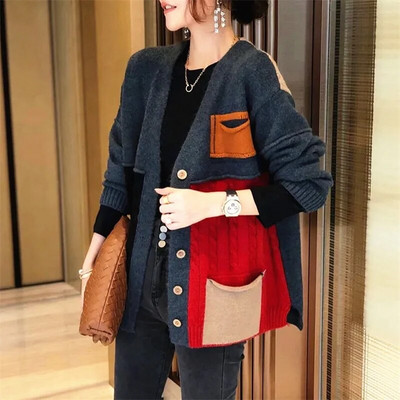 2023. gada jauns rudens korejiešu džemperis, jaka jaka sievietēm ar brīvu V veida kakla izgriezumu, ikdienišķa trikotāžas topi, sieviešu virsdrēbes