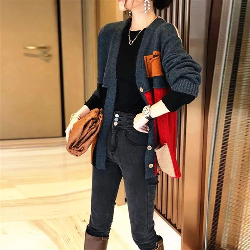 2023. gada jauns rudens korejiešu džemperis, jaka jaka sievietēm ar brīvu V veida kakla izgriezumu, ikdienišķa trikotāžas topi, sieviešu virsdrēbes