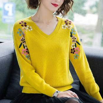 Тънки плетени пуловери с V-образно деколте и бродерия на цветя за жени Модни пролетни еластични пуловери Големи размери Ежедневни трикотажни горнища Femme