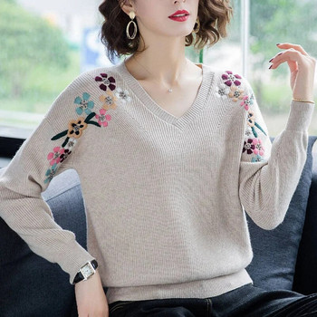 Тънки плетени пуловери с V-образно деколте и бродерия на цветя за жени Модни пролетни еластични пуловери Големи размери Ежедневни трикотажни горнища Femme