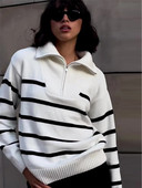 2023-as bő hajtókás cipzáras csíkos női pulóver kontrasztos színű, hosszú ujjú temperamentumos alkalmi őszi és téli kötöttáru