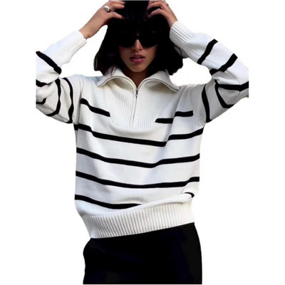2023-as bő hajtókás cipzáras csíkos női pulóver kontrasztos színű, hosszú ujjú temperamentumos alkalmi őszi és téli kötöttáru