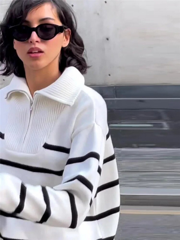 2023-as bő hajtókás cipzáras csíkos női pulóver kontrasztos színű, hosszú ujjú temperamentumos alkalmi őszi és téli kötöttáru