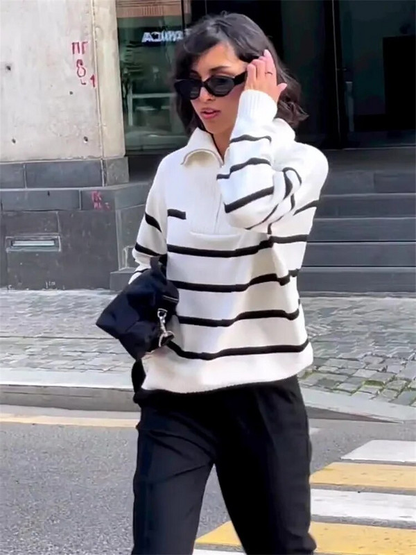 2023-as bő hajtókás cipzáras csíkos női pulóver kontrasztos színű, hosszú ujjú temperamentumos alkalmi őszi és téli kötöttáru