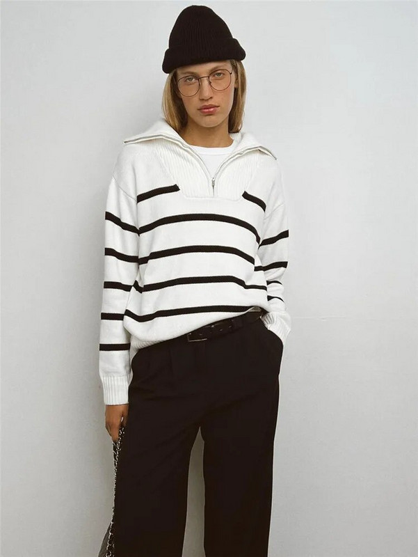 2023-as bő hajtókás cipzáras csíkos női pulóver kontrasztos színű, hosszú ujjú temperamentumos alkalmi őszi és téli kötöttáru