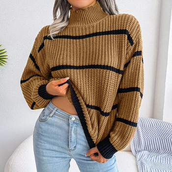 Дамски трикотажни пуловери с дълъг ръкав и дълъг фенер, плетен пуловер с принт на райета с полуводолазка BJS-3003
